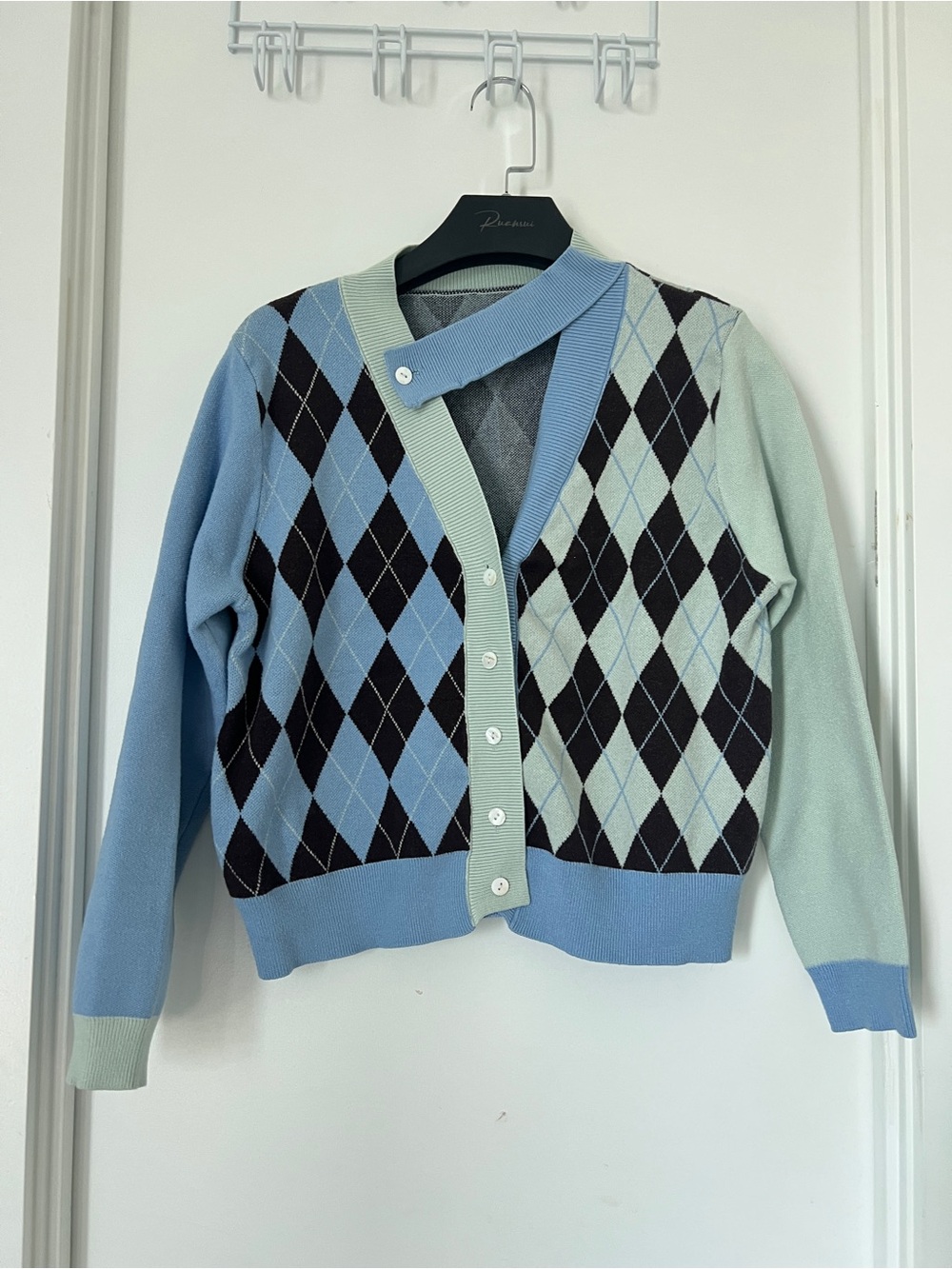 Argyle Button-Front Women’s Cardigan Sweater - Light Blue & Mint